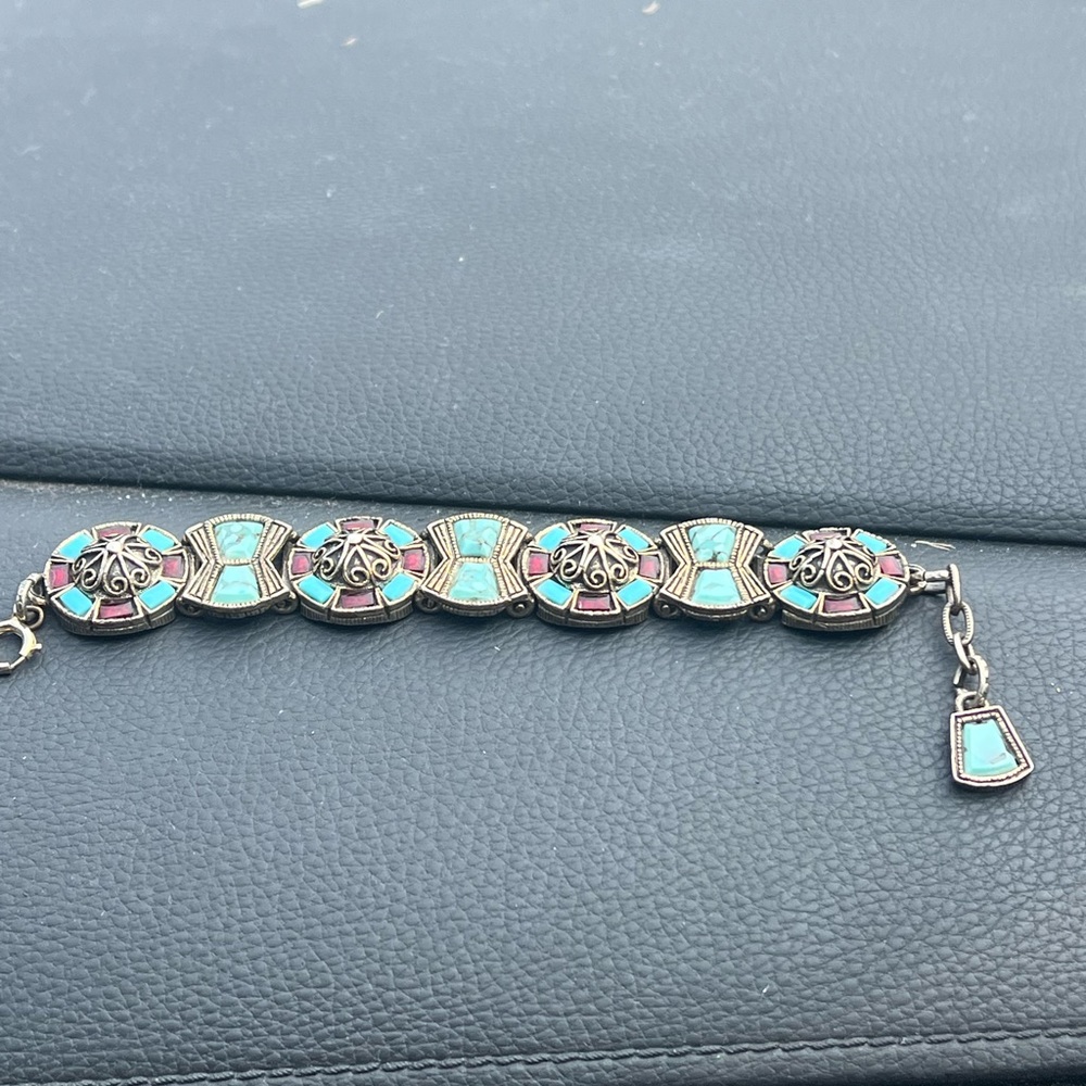 Vintage Miracle Scottish Bracelet Turquoise and Ruby Red Glass in Gold Tone